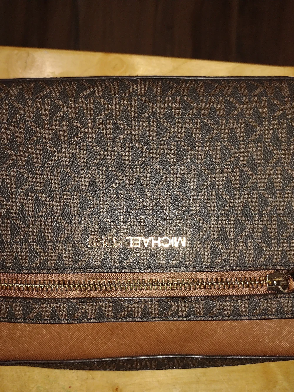 Michael Kors Brown Logo-Print Crossbody with Gold Hardware